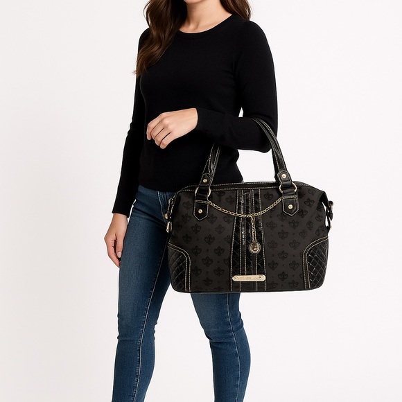 Dereon Black Women's Satchel Bag with Double Handle Straps/Gold Tone Hardware - Picture 1 of 13